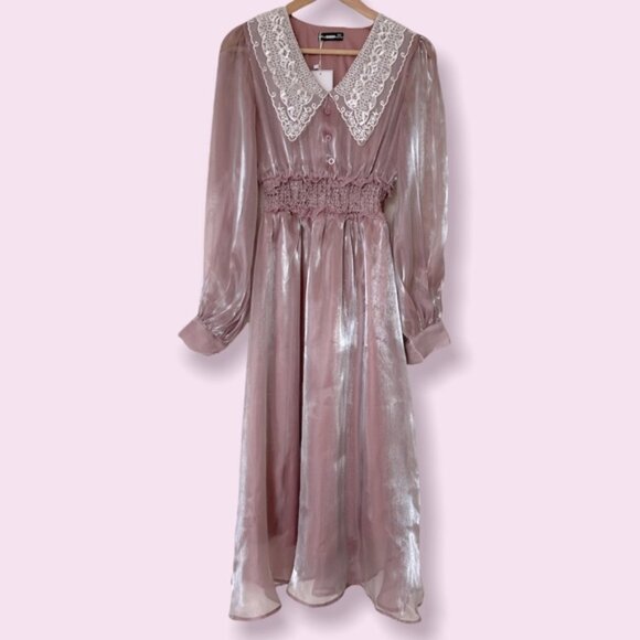 Shimmer Pink Midi Long Sleeves Dress - Picture 1 of 11